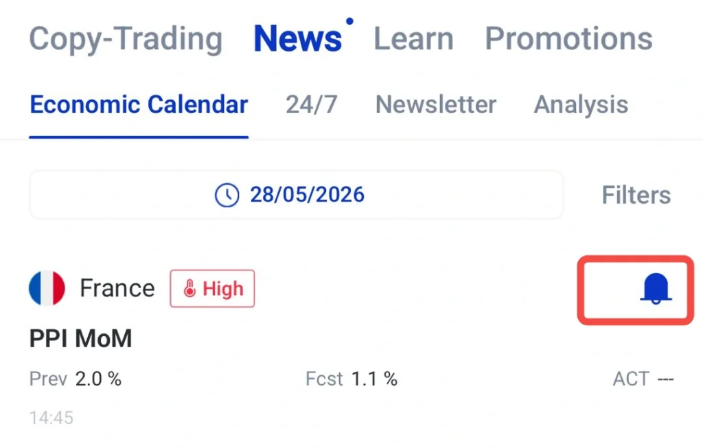 بند في التقويم الاقتصادي لفرنسا مع شارة High risk وPPI MoM، السابق 2.0% والتوقع 1.1%، بتاريخ 28/05/2026، وأيقونة تنبيه الجرس مميزة على اليمين.