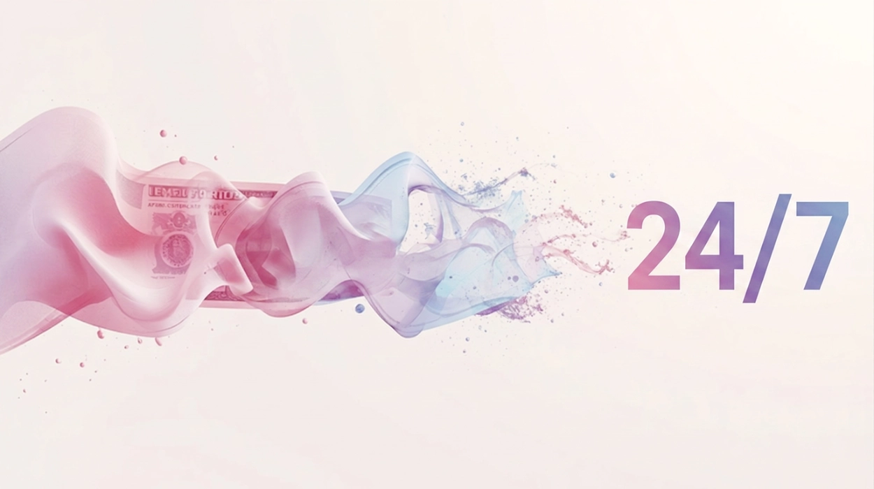 Abstract pink and blue smoke flows across a pale background, with large '24/7' text on the right.