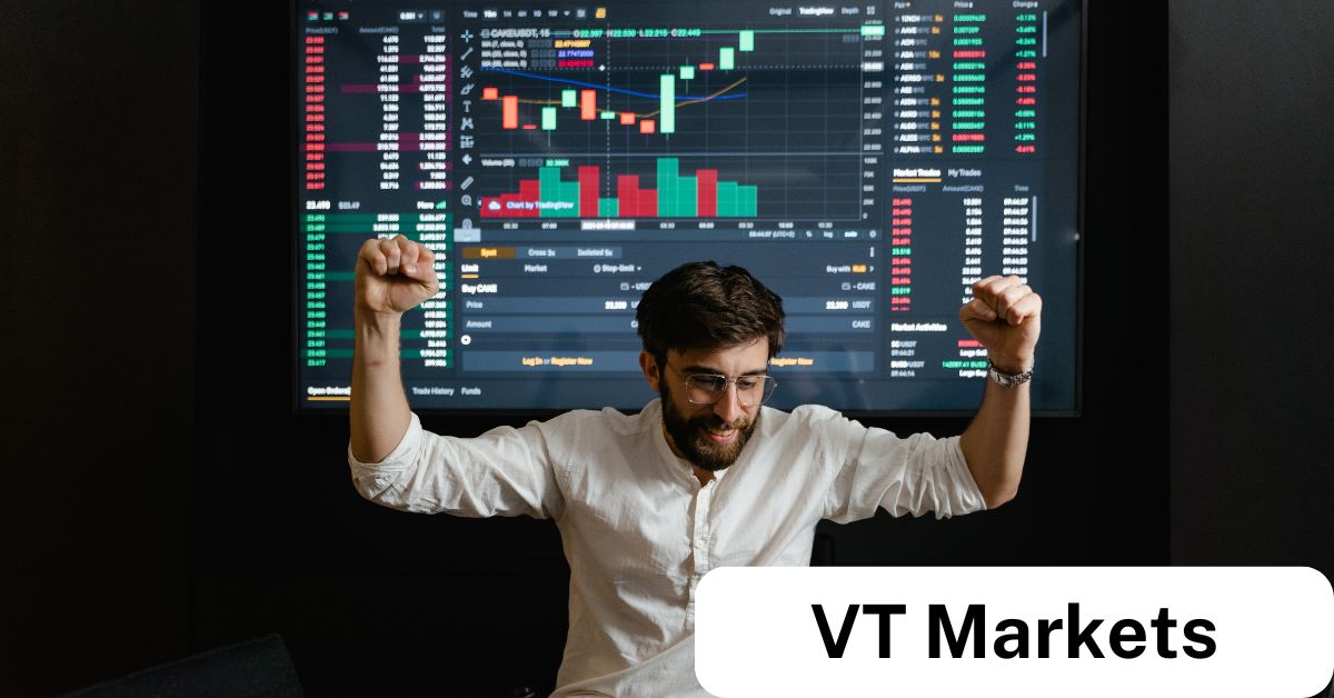 A happy trader celebrating in front of a large trading screen displaying forex and stock market charts, symbolizing success with VT Markets Forex Copy Trading in 2025.