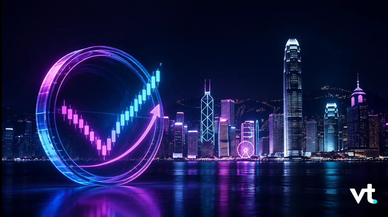 Neon-lit city skyline at night with a circular holographic stock chart and an upward-trending arrow in the foreground.