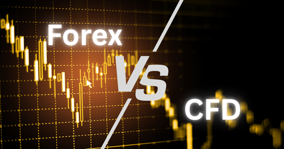 Split-screen graphic with candlestick charts, showing "Forex" on the left and "CFD" on the right, separated by a bold "VS"—highlighting the comparison between Forex and CFD trading.