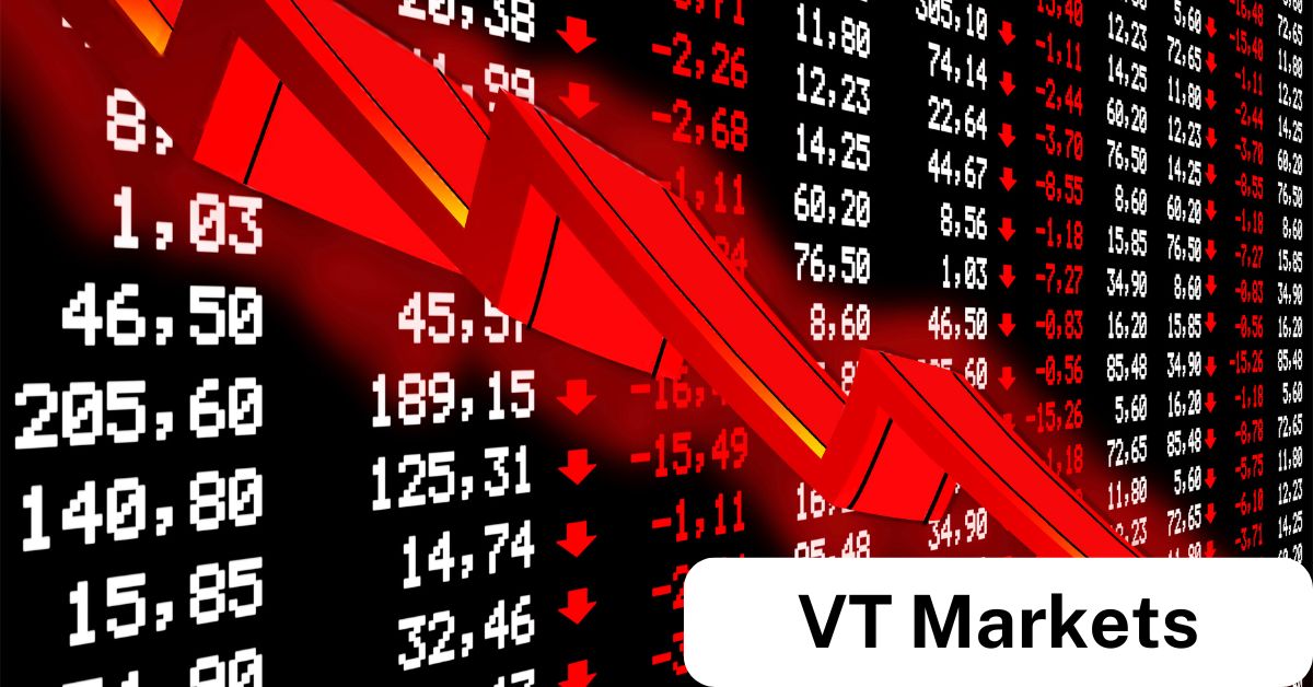 A red downward arrow over a stock market board filled with falling stock prices, symbolizing sharp declines and the concept of stocks potentially going negative.