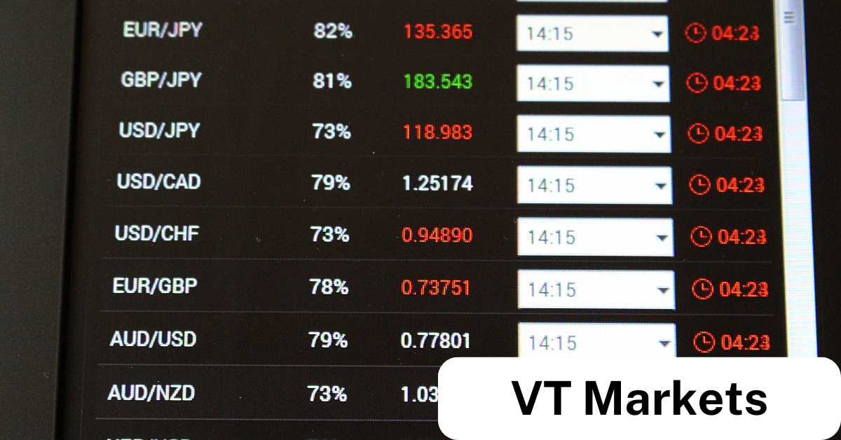 A trading platform screen displaying forex currency pairs and their respective bid/ask prices, spreads, and market activity. The VT Markets logo is visible in the lower right corner, indicating a focus on forex trading insights and strategies.