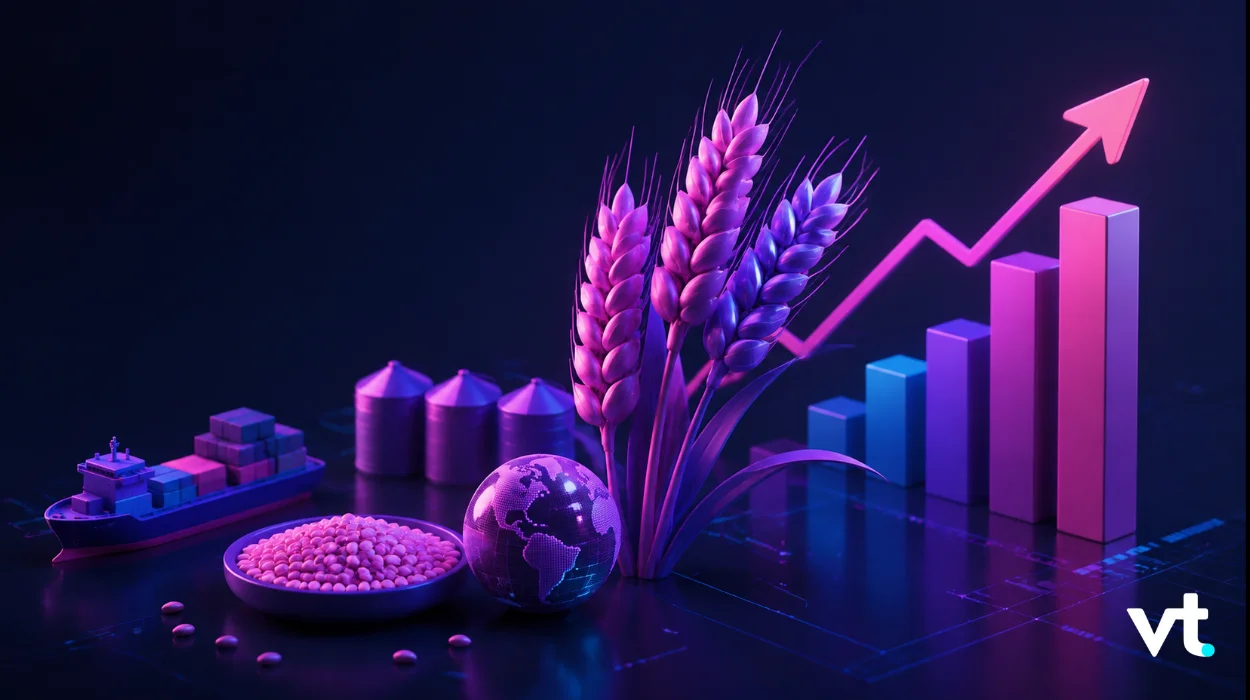 Global trade concept with cargo ship, containers, grain stalks, a globe and a rising bar chart with an arrow.