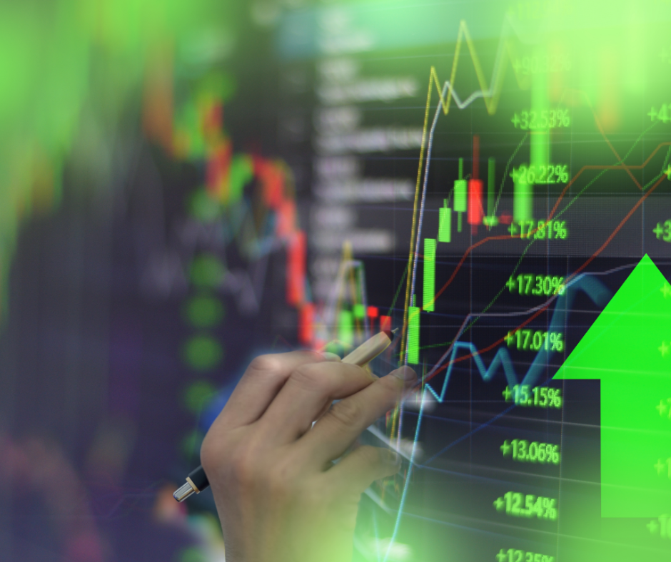 The graph displays stocks with an uptrend represented in green, indicating bullish markets.