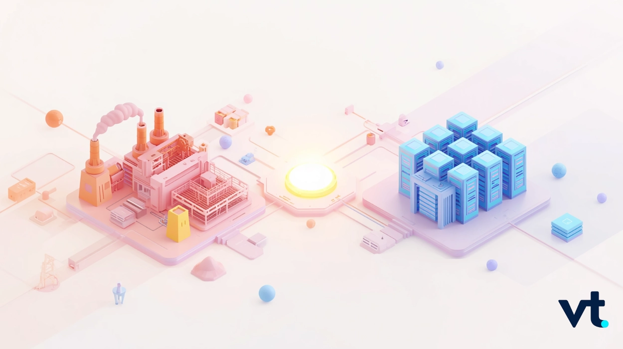 Isometric illustration of a pink industrial plant on the left connected by a glowing hub to a blue data-center cluster on the right, symbolizing industry–cloud integration.