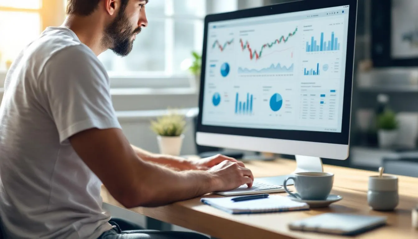 Uma pessoa está concentrada estudando gráficos financeiros em um computador, analisando movimentos de preços e tendências do mercado. Essa atividade é essencial para traders que buscam entender o mercado financeiro e desenvolver habilidades em negociação de ativos como ações e criptomoedas.