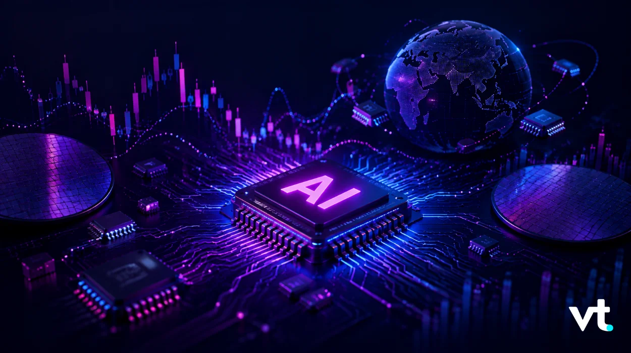 AI chip at center of a glowing circuit board with a digital globe in the background, depicting AI and global tech networks (futuristic purple lighting).