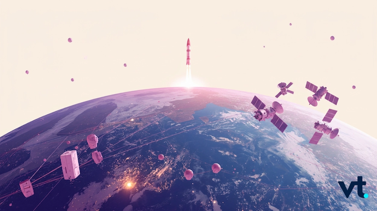 Rocket launches from Earth with a bright plume into space, satellites orbiting nearby above a curved blue planet surface.