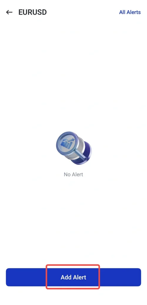 Écran des alertes forex : bouton « Ajouter une alerte » mis en évidence en bas, aucune alerte en cours (EURUSD).