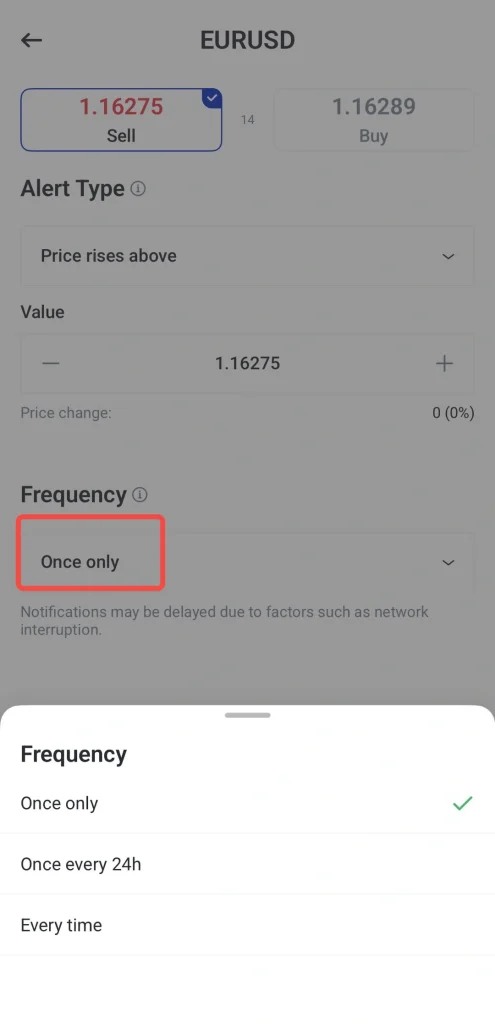 Écran de trading EURUSD avec la fréquence réglée sur « Une seule fois », entourée en rouge pendant que la liste déroulante est ouverte