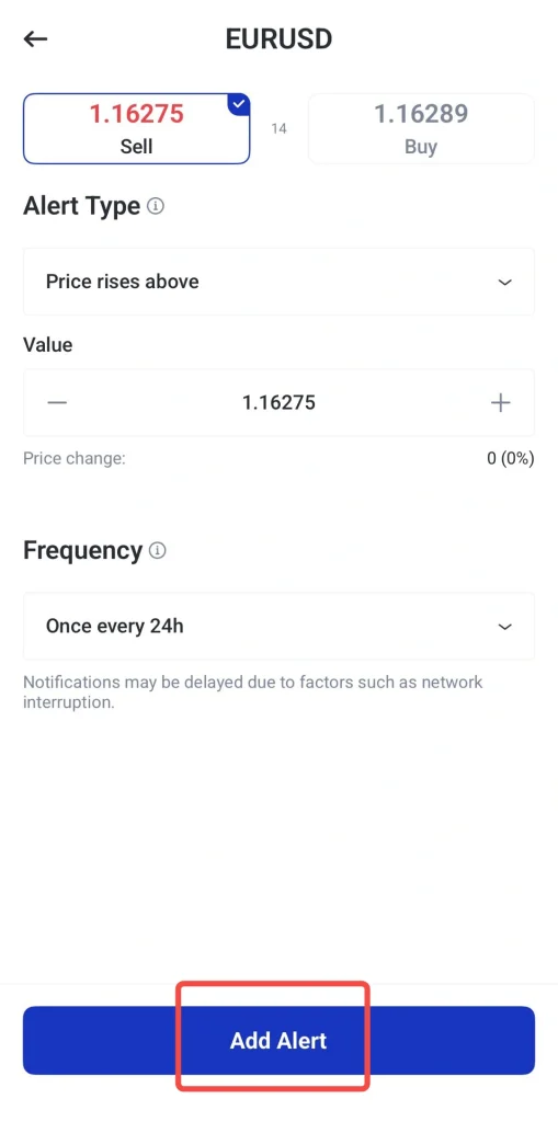 Écran de configuration d'alerte EURUSD : prix de vente 1,16275, achat 1,16289, type d'alerte « Le prix dépasse », bouton « Ajouter une alerte » en bas