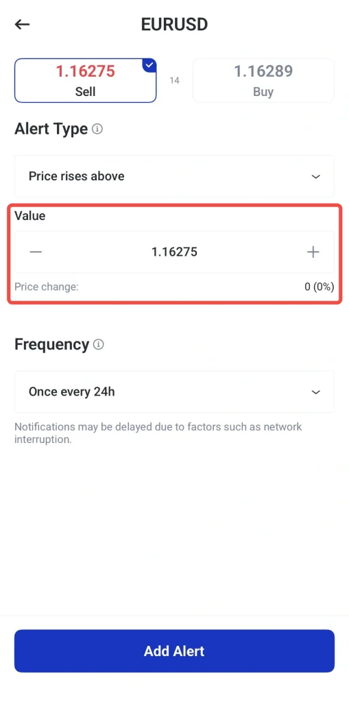 Application de trading : définition d'une alerte de prix pour EURUSD se déclenchant lorsque le prix dépasse 1,16275, avec la valeur actuelle 1,16275 et des commandes +/- ; fréquence : une fois toutes les 24 h ; bouton « Ajouter une alerte » visible