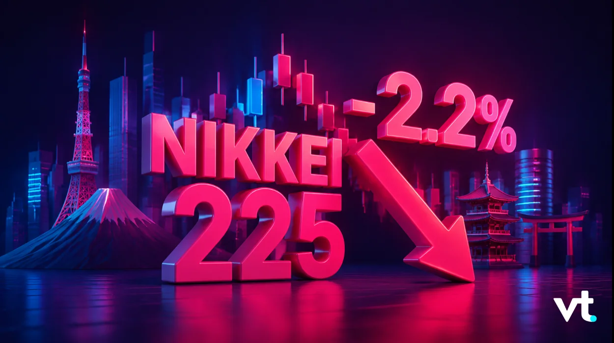 Neon cityscape with a large pink downward arrow and the numbers NIKKEI 225 −2.2%, signaling stock market decline (vt logo bottom right).