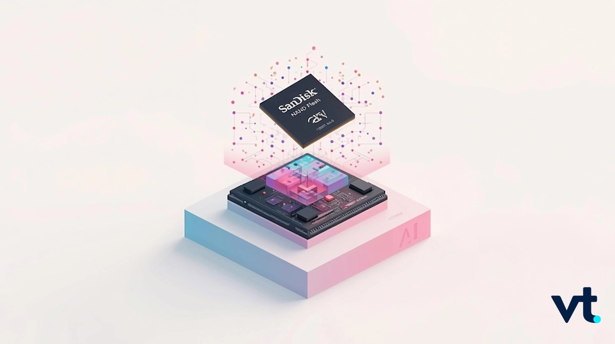 Abstract 3D illustration of AI hardware: a SanDisk memory chip floats above a stacked modular circuit board on a pastel pink–blue platform, symbolizing AI processing.