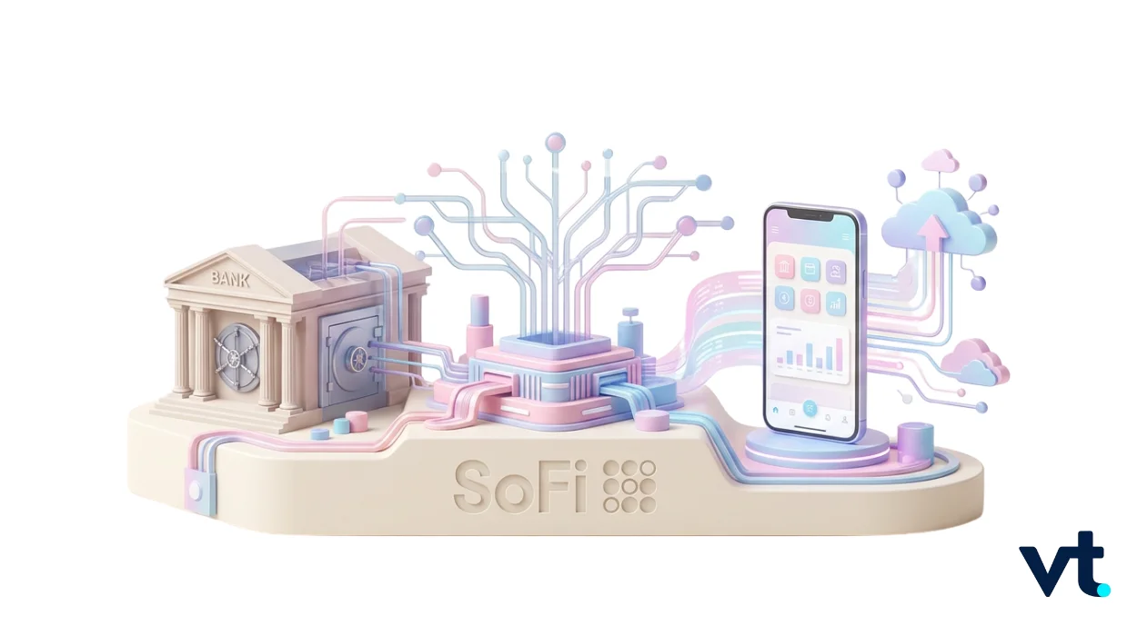 Pastel 3D fintech scene: a bank connected to a smartphone by colorful circuits, illustrating digital banking integration.