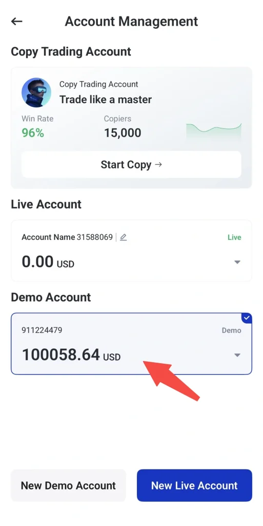 Tela de Gerenciamento de Conta com o painel de Conta de Copy Trading mostrando taxa de acerto de 96%, 15.000 copiadores e um botão Iniciar Cópia; contas Reais e Demo listadas abaixo com seus saldos.