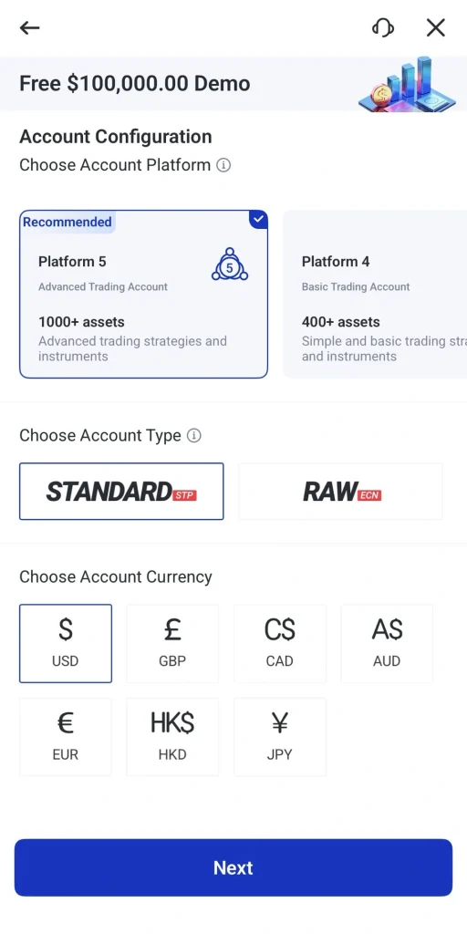 Tela de configuração de conta demo com dois cartões de conta (Plataforma 5 e Plataforma 4), seguidos da seleção do tipo de conta (STANDARD ou RAW) e da moeda USD, e do botão Avançar.