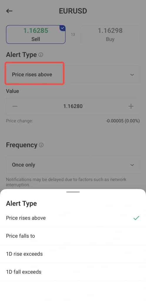 Tela de configuração de alerta de trading FX; o tipo de alerta selecionado é 'Preço sobe acima de' para EURUSD, com o valor 1.16280 definido.