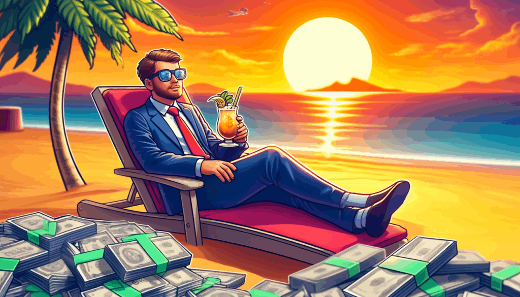Trader in business attire relaxing at the beach with a cool drink, surrounded by piles of US dollars and enjoying the setting sun, complete with palm trees and gentle waves in the background.