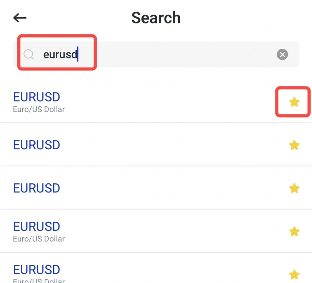 Geri oku ve 'eurusd' yazılı bir arama alanı bulunan arama ekranı; başlık alanının sağ tarafında vurgulanmış bir yıldız var.
