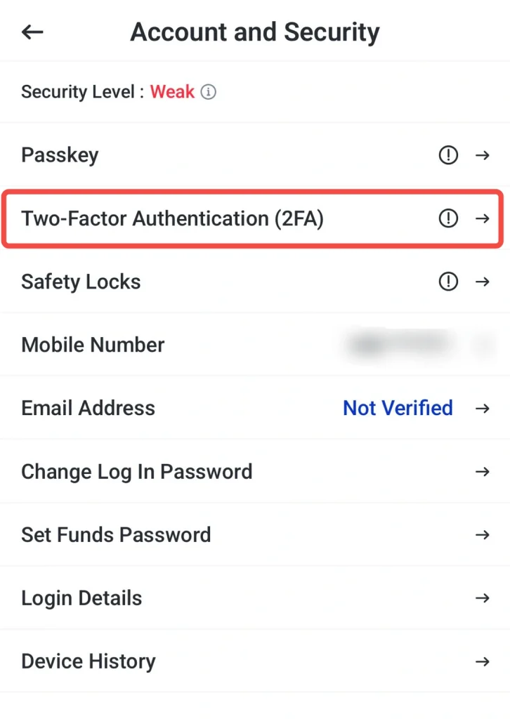 Two-Factor Authentication (2FA) seçeneği kırmızı çerçeveyle vurgulanmış Account ve Security ayarları ekranı.