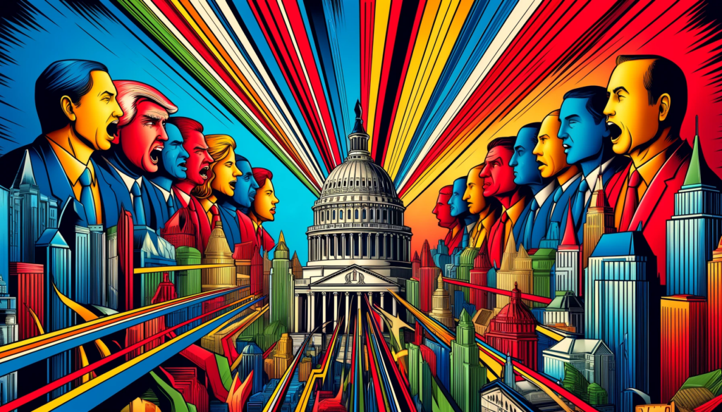 popart VT Markets Pop art illustration showcasing the impact of American politics on financial markets with dynamic representations of politicians at Capitol Hill influencing the bustling activity on Wall Street