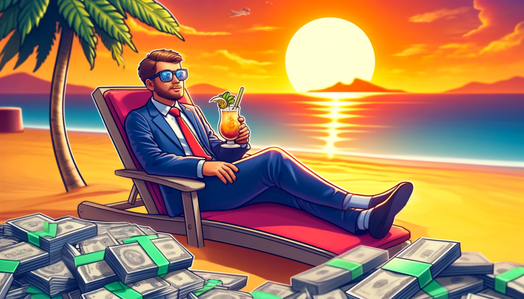 Trader in business attire relaxing at the beach with a cool drink surrounded by piles of US dollars and enjoying the setting sun complete with palm trees and gentle waves in the background