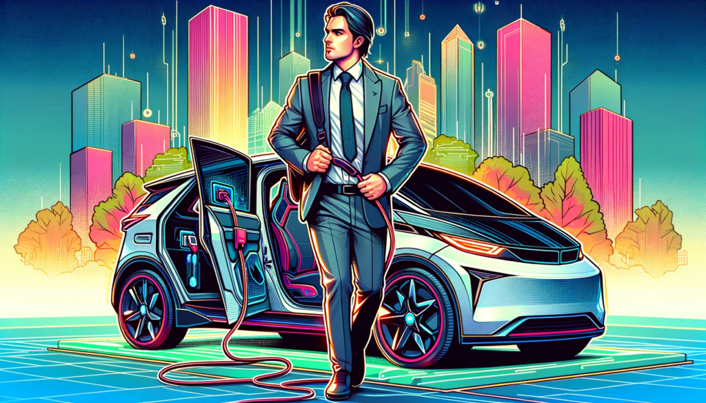 feature VT Markets Businessman getting into a sleek electric vehicle in a cityscape highlighting the EV boom Featured in VT Markets article on Share CFD options compared to Tesla