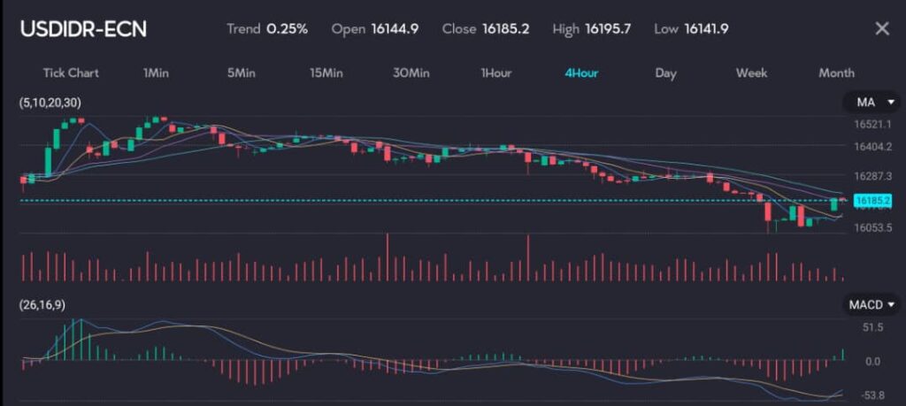 USDIDRVTMarkets15July VT Markets
The USDIDR-ECN chart highlights the challenges faced by Asian currencies as markets react to the fallout from a recent Trump attack. The 4-hour interval chart shows a trend of 0.25%, opening at 16144.9 and closing at 16185.2, with a high of 16195.7 and a low of 16141.9. Key features include moving averages (5, 10, 20, 30), trading volumes, and the MACD (26, 16, 9) indicator. The trading volumes indicate notable market activity, while the MACD reveals shifts in market momentum. The chart's fluctuations underscore the market's volatility in response to political events.