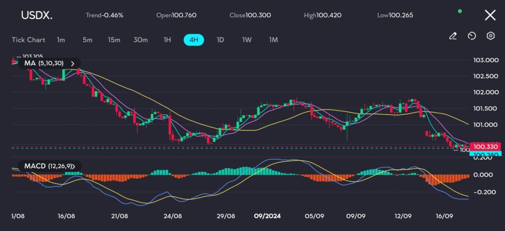 20240917161303 VT Markets The US dollar index DXY chart on vtmarketscom continues its downward trajectory nearing a year low at 10030 After briefly breaking below the 10051 support level the dollar has shown limited resilience with bearish momentum prevailing in the market