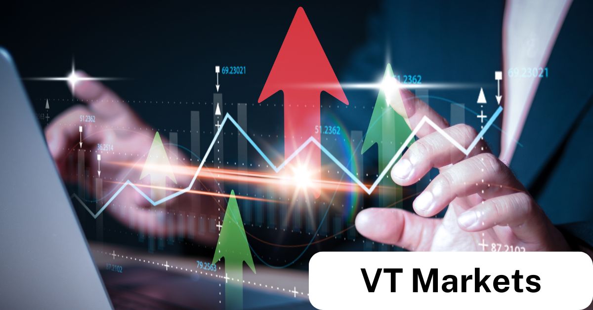 Hands interacting with a digital trading interface displaying upward and downward arrows charts and data symbolizing forex trading strategies and market analysis with VT Markets