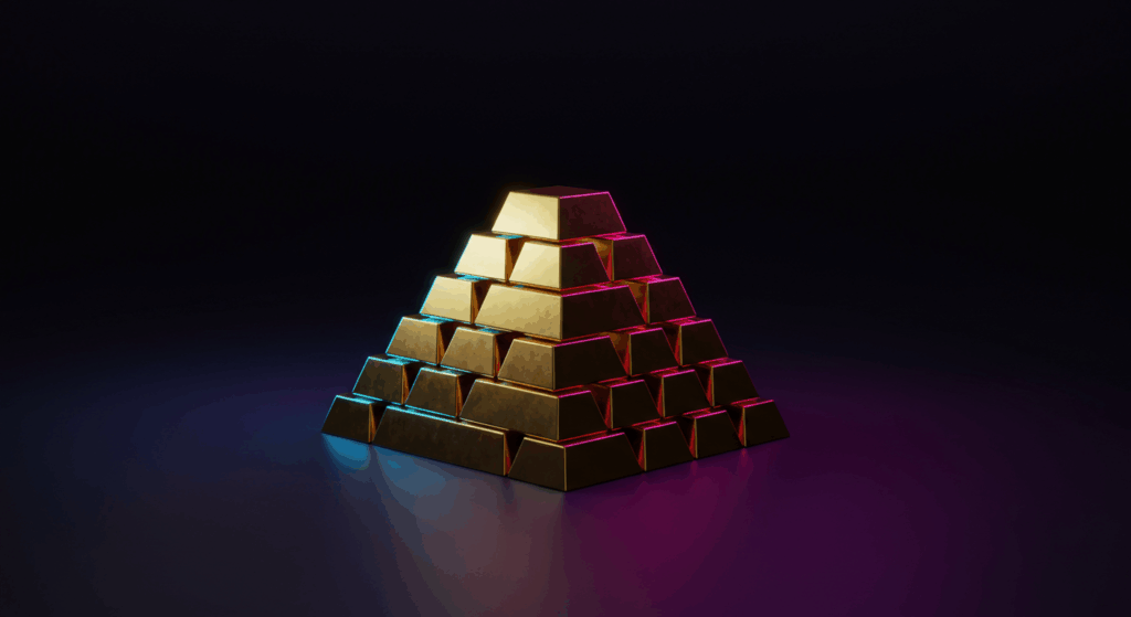 Pyramid of gold bars stacked on a dark glossy surface with neon blue pink and purple lighting