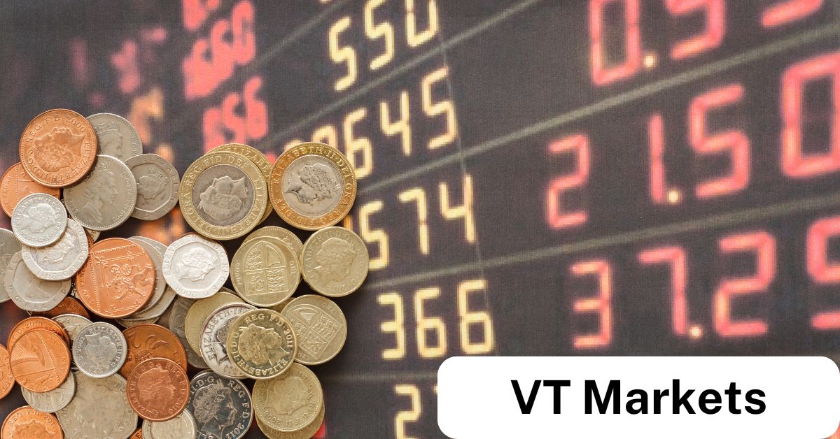 image VT Markets Image of various coins in front of a digital stock market board symbolising the trading opportunities and financial diversity offered by VT Markets CFD Shares