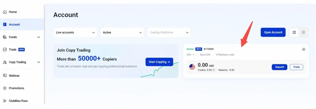 Account dashboard with left navigation and a promotional Join Copy Trading card showing More than 50000+ Copiers and a blue Start Copying button