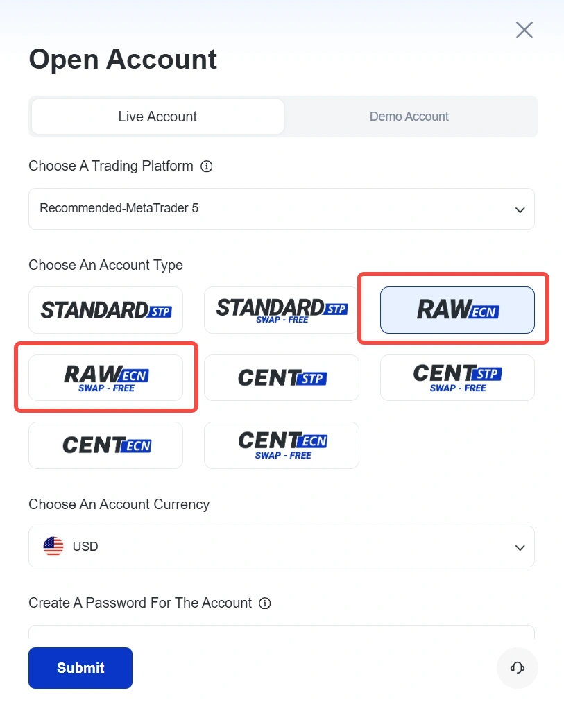 Open Account form with Live Account tab active RAW ECN platform cards highlighted USD currency selected Submit button at bottom