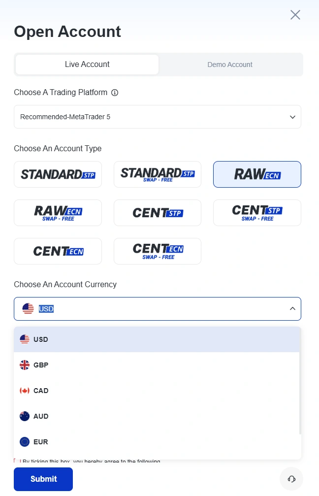 Open Account dialog Live Account tab selected with account type options and currency dropdown visible on screen