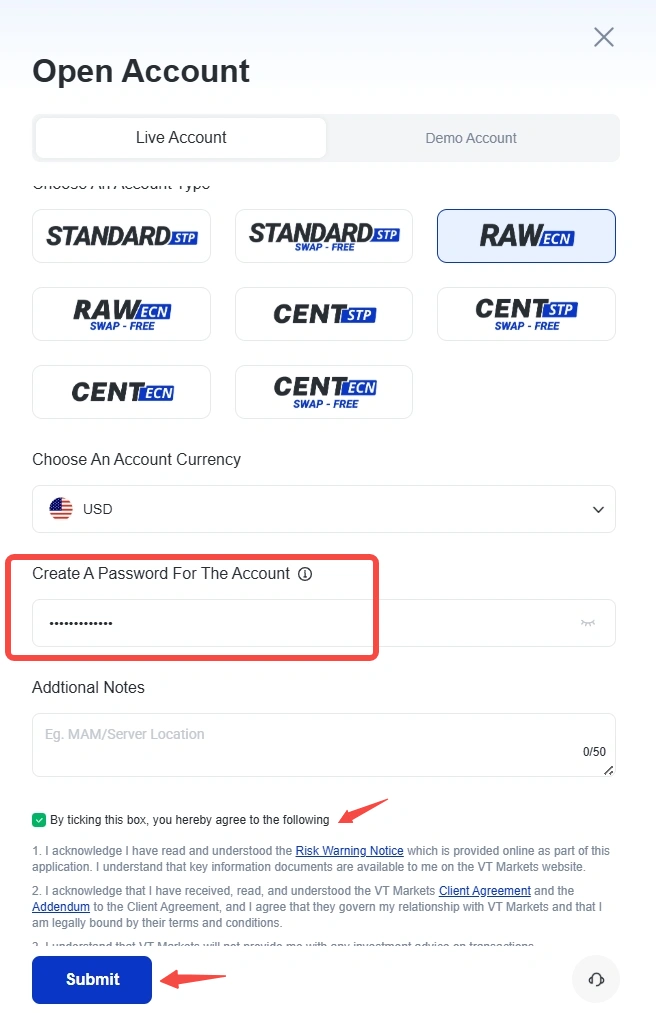 Open Account form showing account type options currency selector password field notes and Submit button in blue