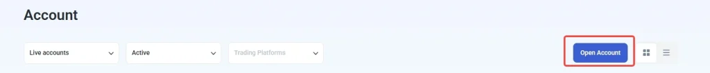Account page header with three filtersLive accounts Active Trading Platformsand a prominent blue Open Account button highlighted on the right
