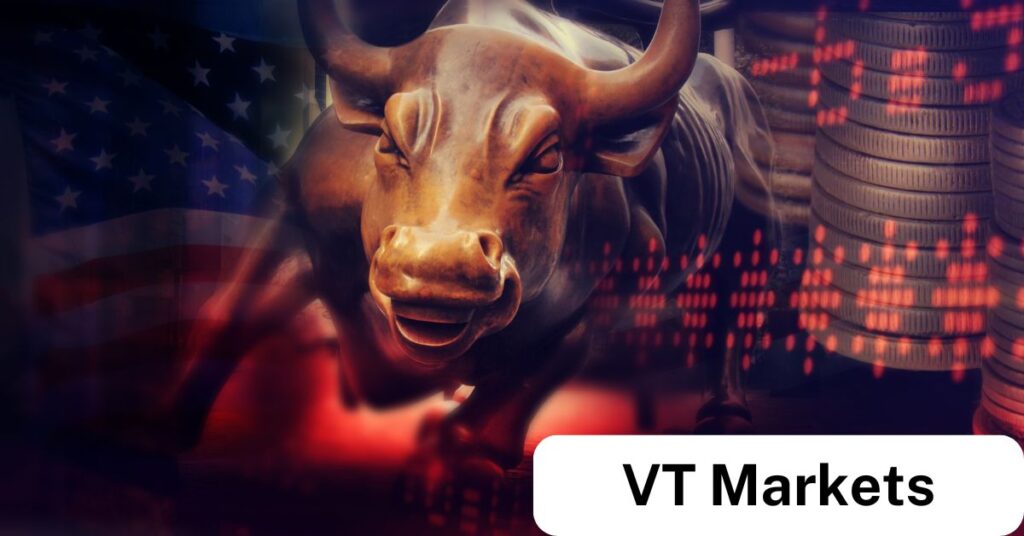 VT Markets Is Share Trading and Investing the Same Which Is Better VT Markets A charging bull statue symbolising a bullish market with stock charts coin stacks and the US flag in the background representing the dynamics of trading vs investing for VT Markets