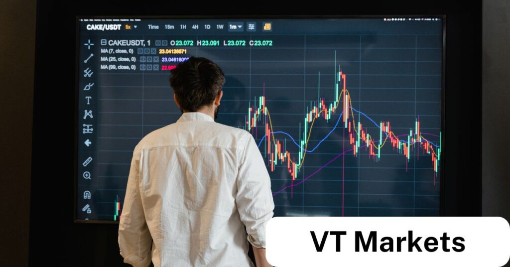 VT Markets Top Forex Terms All Traders Should Know VT Markets A trader analyzing a large screen displaying forex candlestick charts and moving averages symbolizing the importance of understanding key forex terms with VT Markets