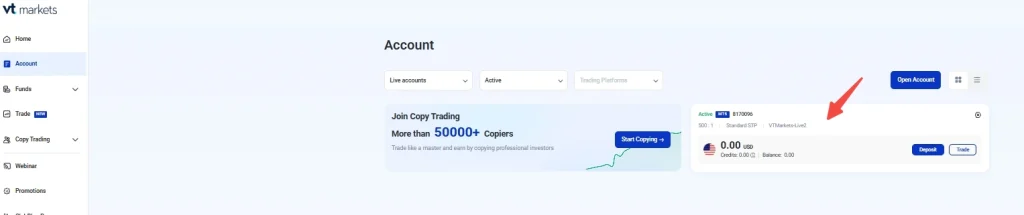 VT Markets account dashboard with a left navigation bar top filters and two panels a promotional card for copy trading and a right account card showing 000 USD balance with Deposit and Trade buttons arrow highlights this card