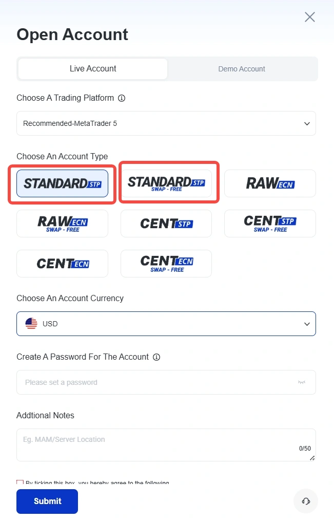 Open Account form with LiveDemo tabs select trading platform with Standard STP highlighted among options RAWECN CENT etc