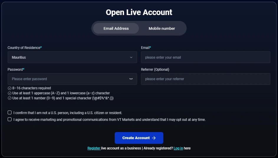Sign up form titled Open Live Account on a dark panel with Email Password Country of Residence Mauritius Refferer and Create Account button
