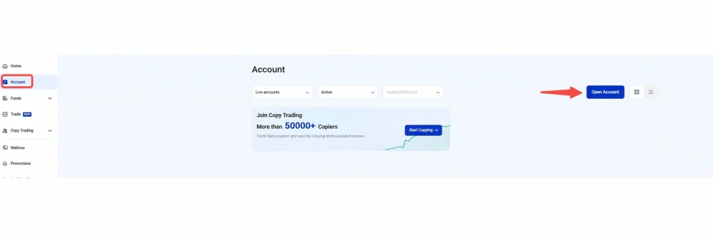 image 10 VT Markets Web app account dashboard left navigation highlighting Account and a blue Open Account button on the right side