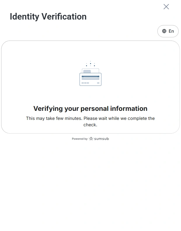Identity Verification modal with a blue card illustration and message Verifying your personal information