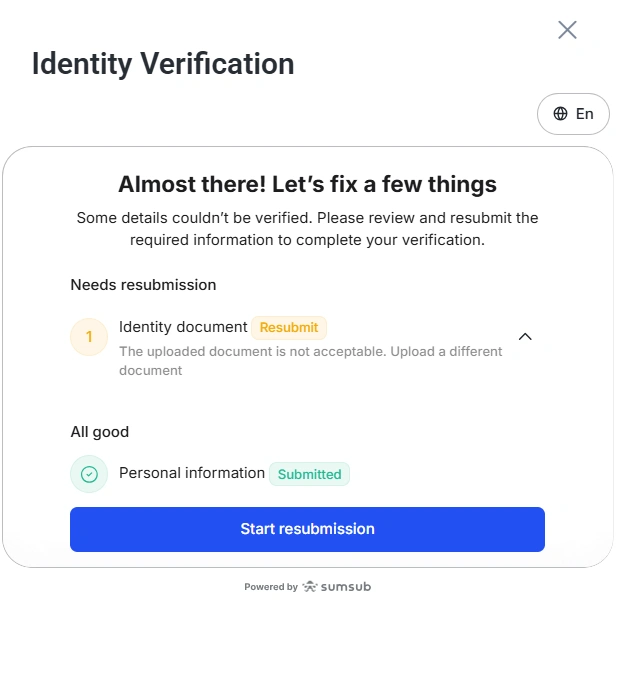 Identity Verification modal with a needs resubmission prompt for the identity document and a Start resubmission button