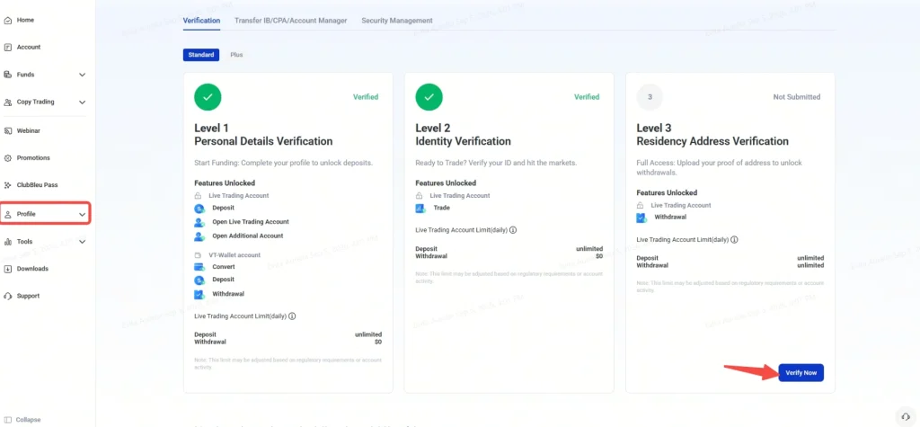 image 12 VT Markets Left socialaccount navigation visible three verification cards labeled Level 1 2 and 3 with a Verify Now button on Level 3