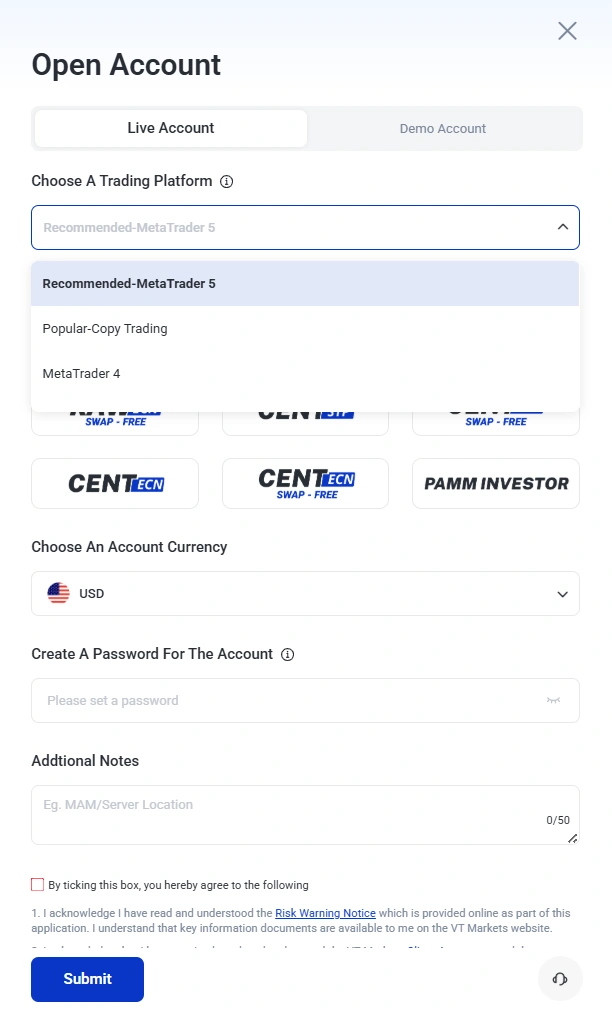 Modal titled Open Account with Live Account tab selected and Demo tab inactive form fields belowOption dropdown shows Recommended MetaTrader 5 Archiving list of platforms visible under it