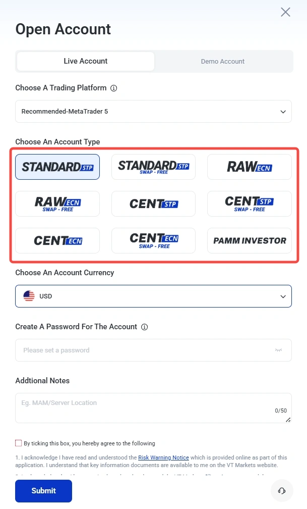 image 14 VT Markets Open Account form tabs for Live and Demo grid of platform options Standard STP Swap Free Raw ECN Cent STPECN PAMM Investor currency USD password field notes consent checkbox Submit button